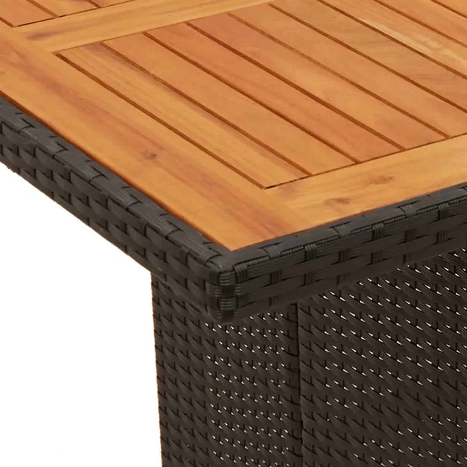 Detailansicht: Schwarzer Poly Rattan Gartentisch mit Akazienholzplatte der vidaXL 11-tlg. Essgruppe.