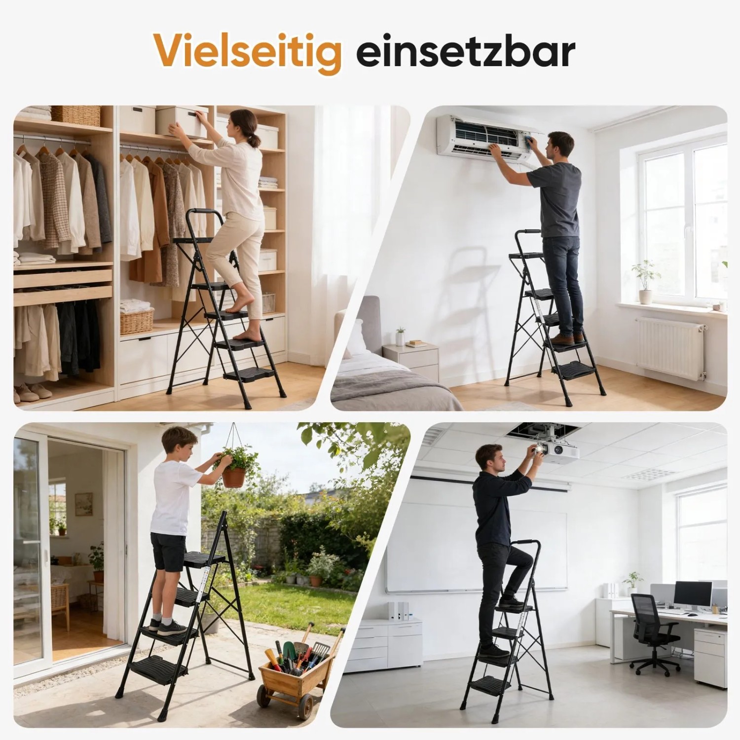 Sekey 4-Stufen Klappleiter, schwarz, vielseitig im Haushalt, Garten und Büro eingesetzt. Stabil & klappbar.