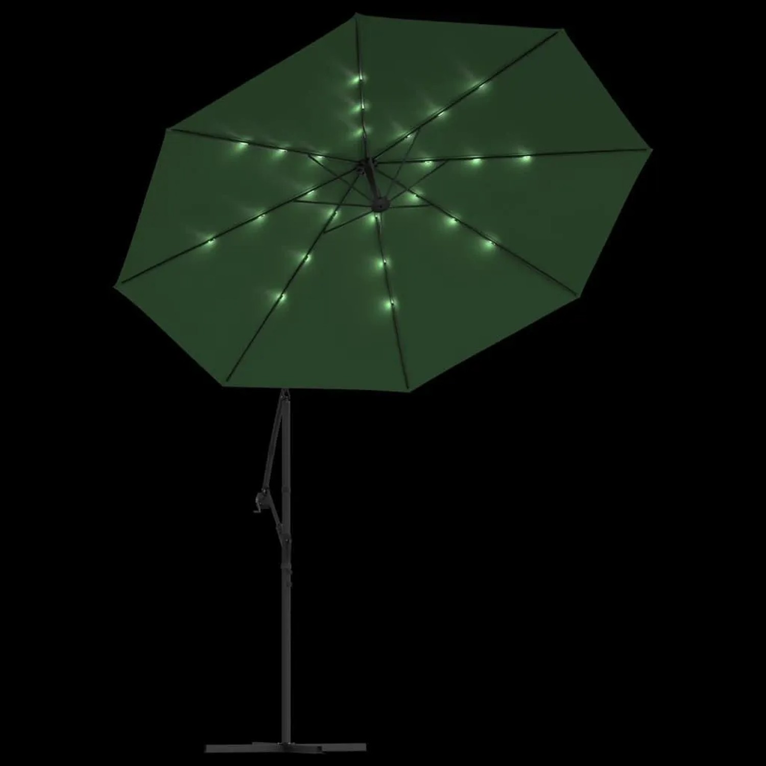 Grüner Ampelschirm mit LED-Beleuchtung, 300 cm Durchmesser, Metallmast.