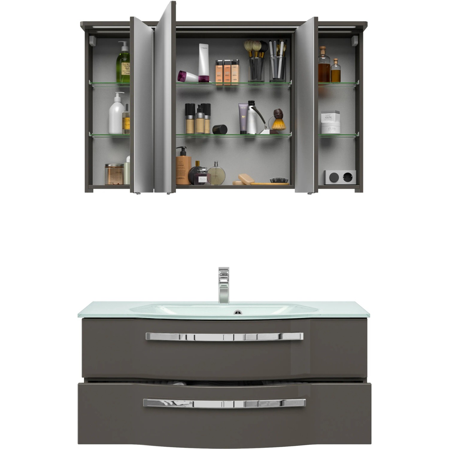 Pelipal Badmöbel-Set Serie 4005, 3-teilig, 117 cm, Lack Steingrau Hochglanz, mit Spiegelschrank und Glaswaschtisch.