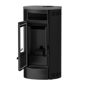 Schwarzer Sannover Luft-Pelletofen Flavia 9,5 kW mit offener Tür.