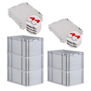 PROREGAL Spar Set: 5 graue Euroboxen mit Deckel und roten Verschlüssen, gestapelt.