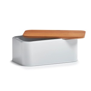 Weißer Zeller Brotkasten aus Metall mit Bambusdeckel, Küchenhelfer.