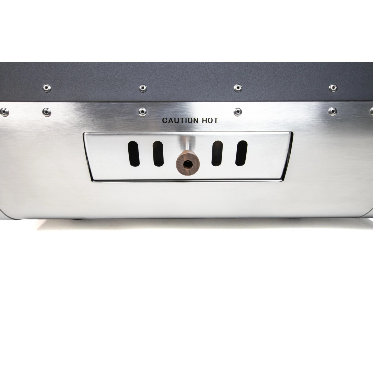 Detailansicht: Buschbeck Pizzaofen X1 mit Gas- und Holzbetrieb, Edelstahlgehäuse.