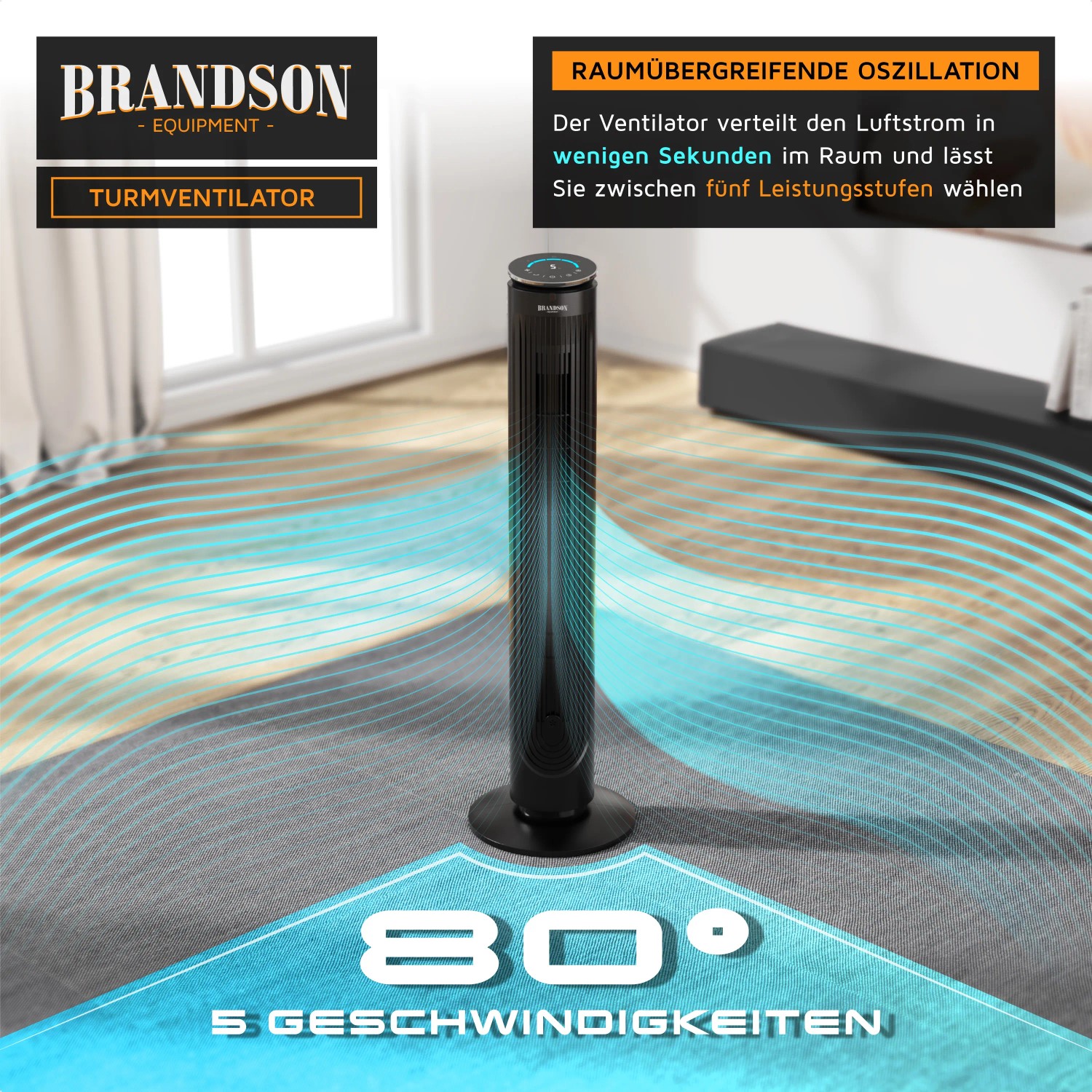 Brandson Turmventilator, 105cm, schwarz, mit Fernbedienung und Aromafach. Leiser Ventilator mit Oszillation.
