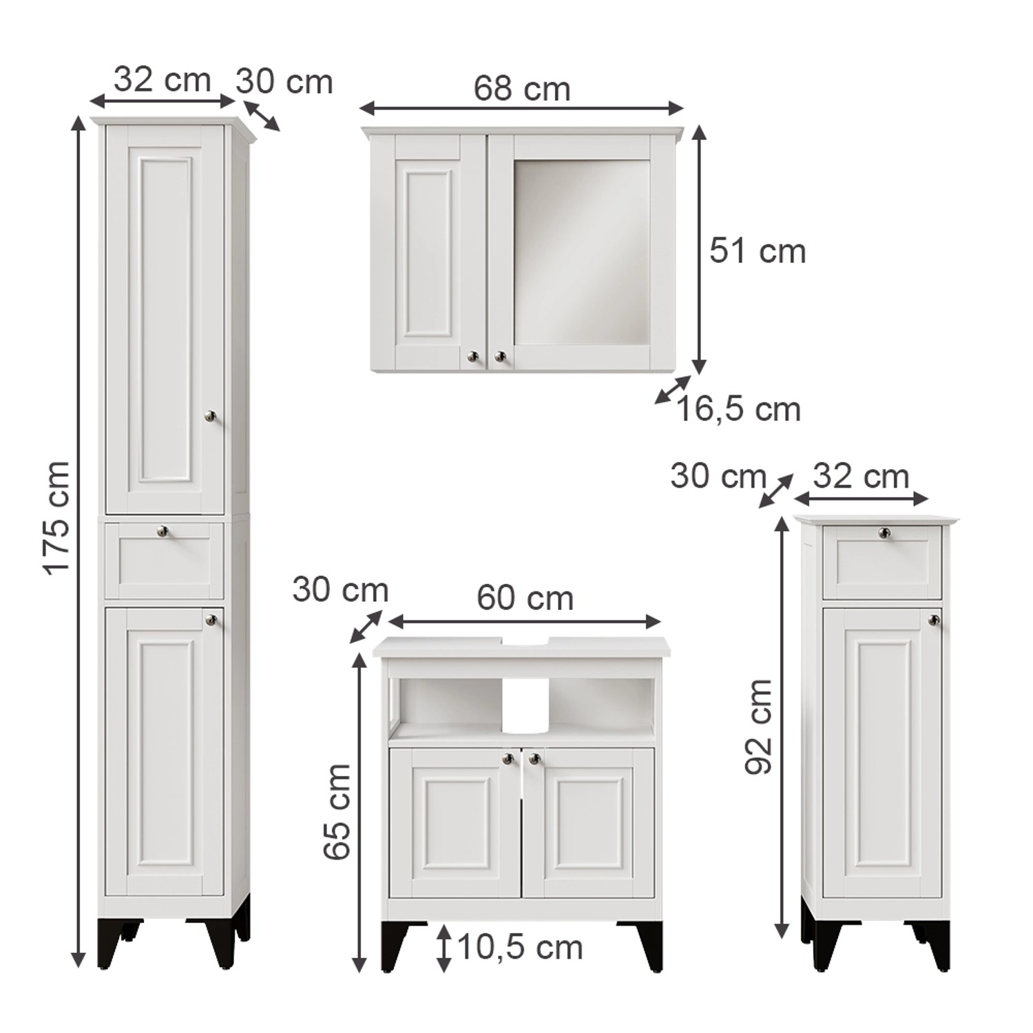 Vicco Badmöbel-Set Vanity Weiß, 4-teilig: Spiegelschrank, Waschbeckenunterschrank, Badschrank, Hochschrank.