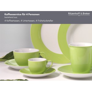 Ritzenhoff & Breker Doppio Kaffeeservice, 12-teilig, grün: Tassen, Untertassen, Teller aus Porzellan.