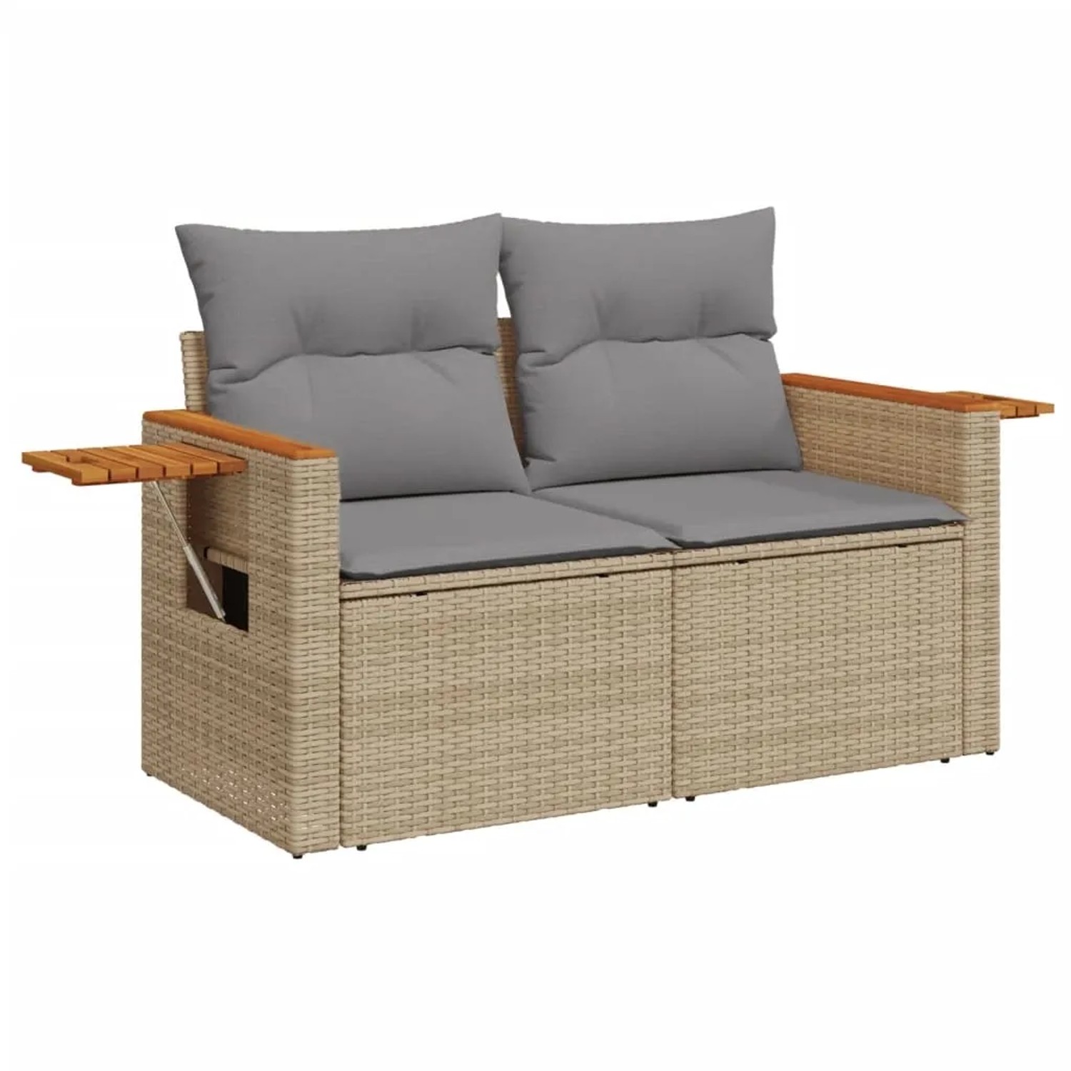 Beige vidaXL Garten-Sofagarnitur aus Rattan mit grauen Kissen und Holzablagen.