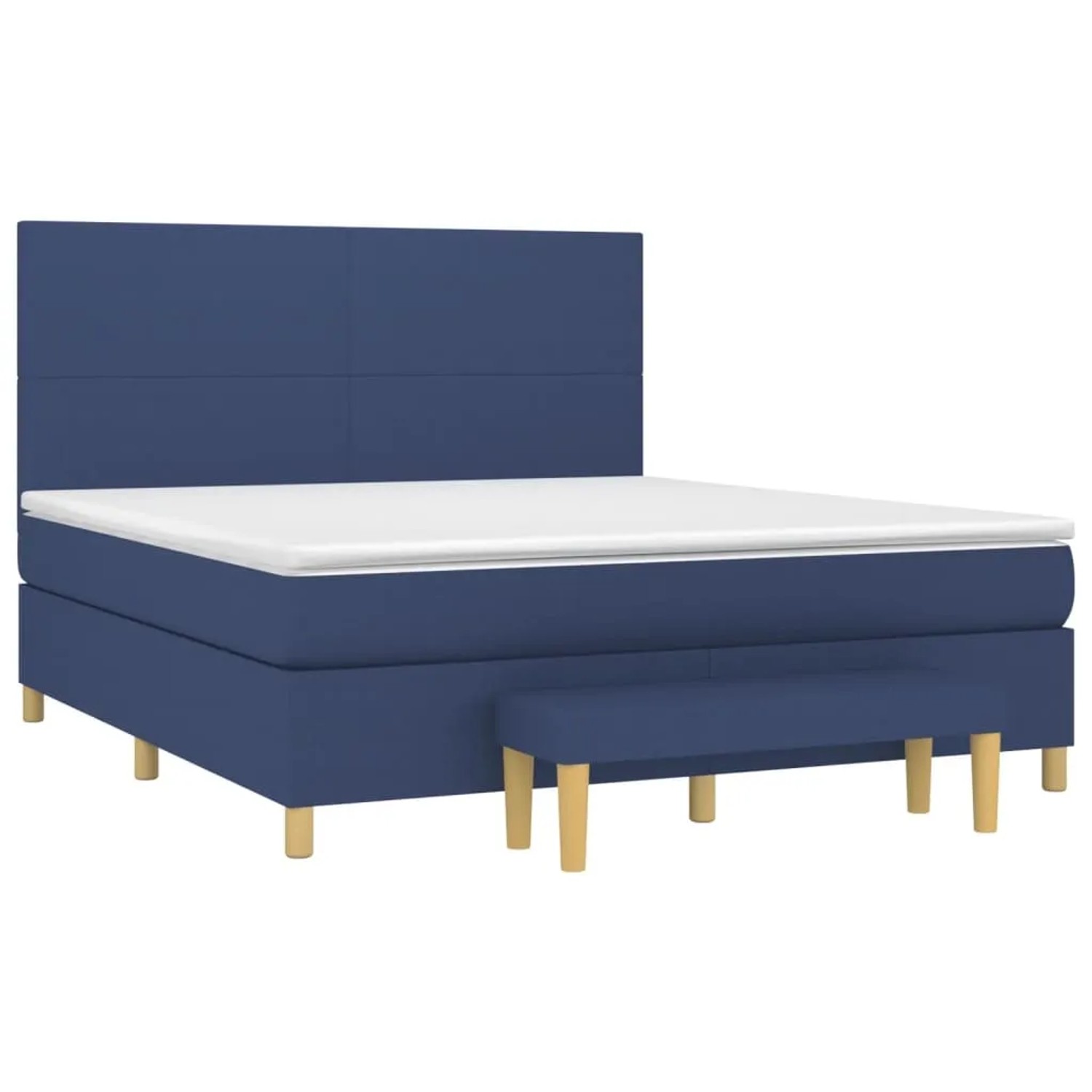 Blaues Boxspringbett (180x200 cm) mit Matratze und Bank. Stoffbezug, modernes Design für Schlafzimmer.