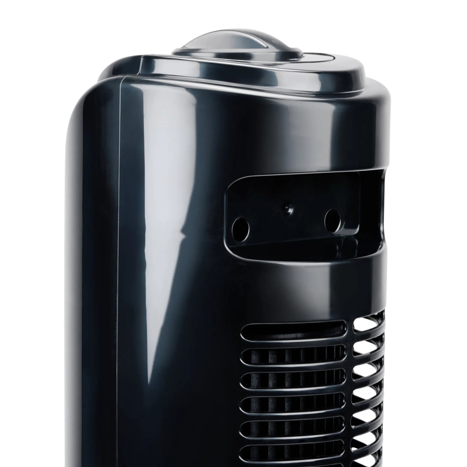 Detailaufnahme: Schwarzer Turmventilator, 81 cm hoch, mit Lüftungsgittern.
