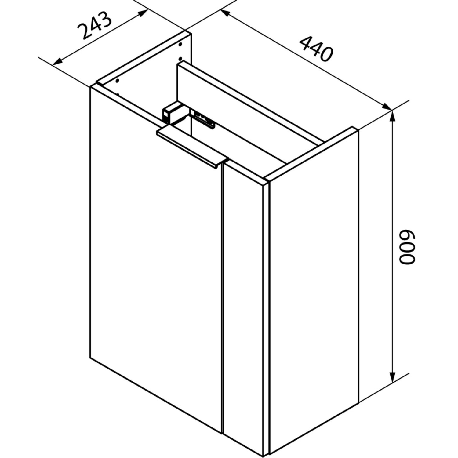 Skizze des Fackelmann Mini-Waschtischunterschranks SBC, links, 44x60x24,3 cm, Schwarz Matt, mit Maßangaben.