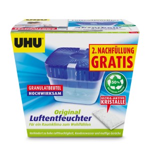UHU Luftentfeuchter Original 450g mit Nachfüller im Karton. Entzieht Räumen überschüssige Feuchtigkeit.