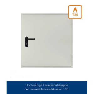 Hörmann Brandschutzklappe T30, grauweiße Stahltür mit schwarzem Türgriff.