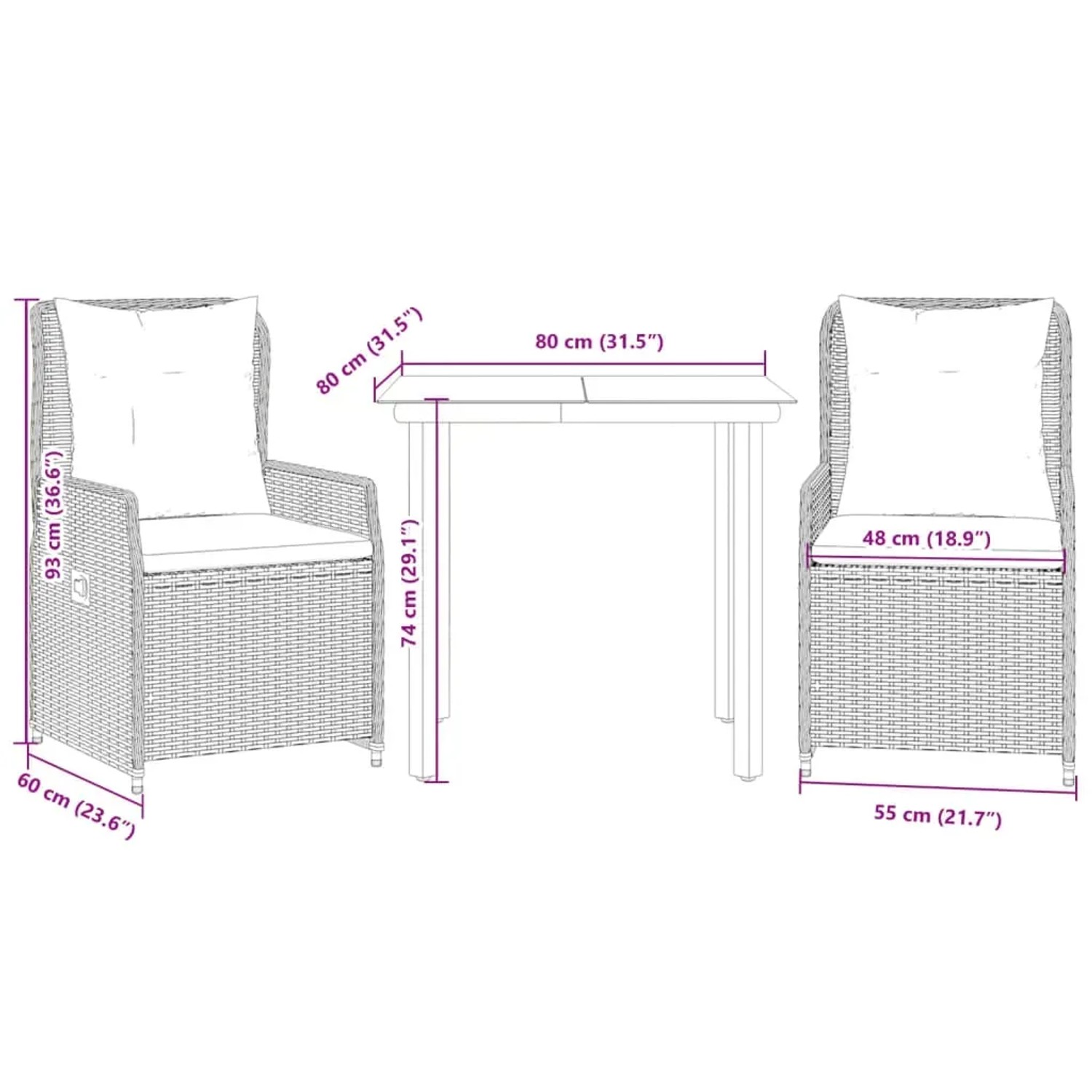 vidaXL 3-tlg. Garten-Essgruppe aus braunem Rattan mit Tisch und Stühlen mit Kissen.