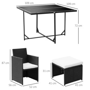Outsunny Gartenset: Schwarzer Polyrattan-Tisch mit Glasplatte, Stuhl und Hocker mit weißen Kissen. Gartenmöbel.