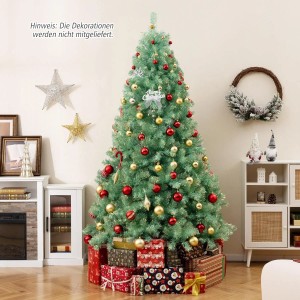 225cm hoher künstlicher Weihnachtsbaum in Fruchtgrün, vorbeleuchtet mit warmweißen LEDs, festlich geschmückt.
