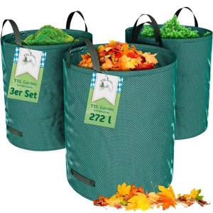 TTL GARDEN Gartensack 272L 3er Set, grüne Laubsäcke mit Griffen gefüllt mit Gartenabfällen.