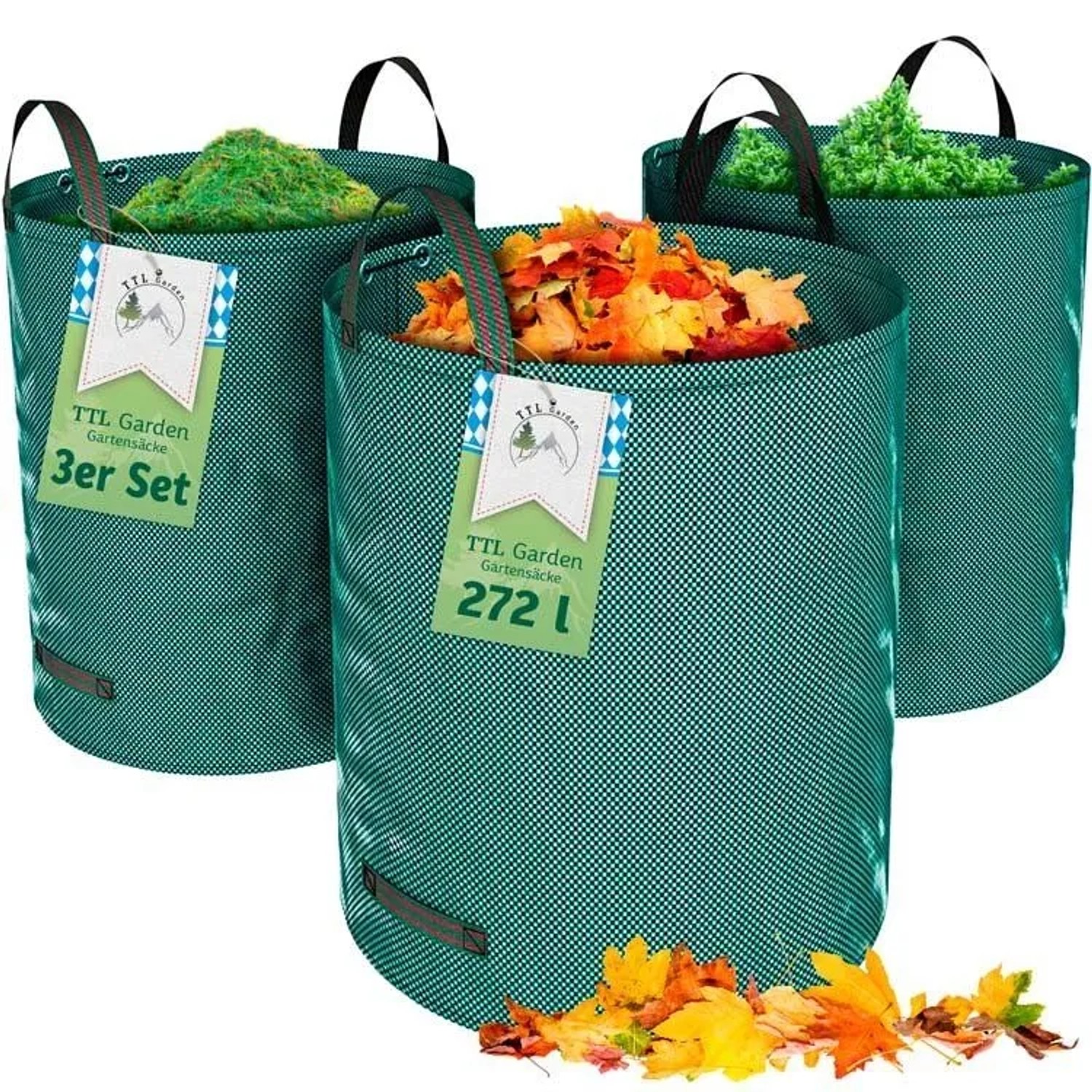 TTL GARDEN Gartensack 272L 3er Set, grüne Laubsäcke mit Griffen gefüllt mit Gartenabfällen.