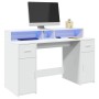 Weißer vidaXL LED-Schreibtisch aus Holzwerkstoff mit blauer Beleuchtung, Fächern und Schubladen. Moderner Bürotisch.
