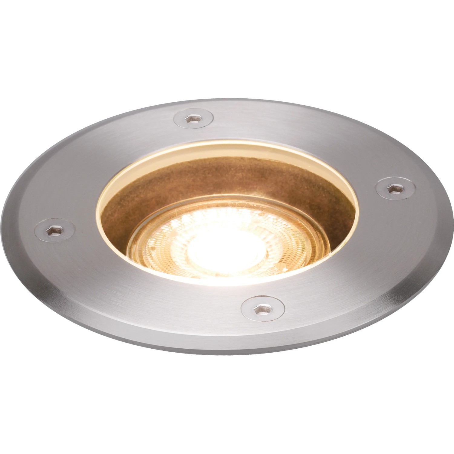 Runde LED Bodeneinbauleuchte (35 W) aus Metall für den Außenbereich.