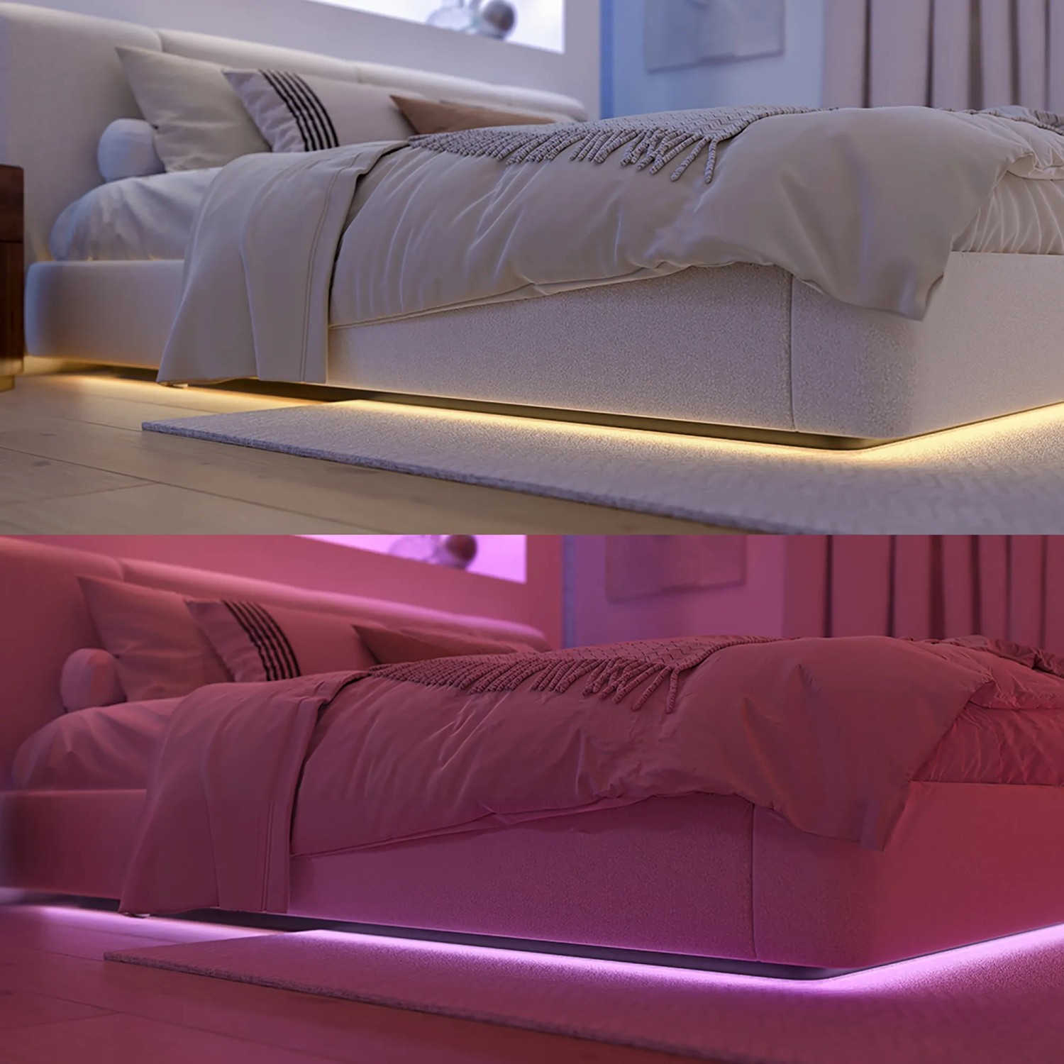 Philips Hue Lightstrip unter einem Bett, mit Farbwechsel von Weiß zu Pink.