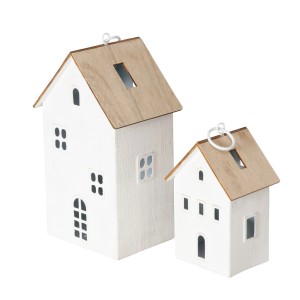 Boltze Home Laterne Solna 2er Set, weiße Deko-Häuser mit Naturholz-Dach.