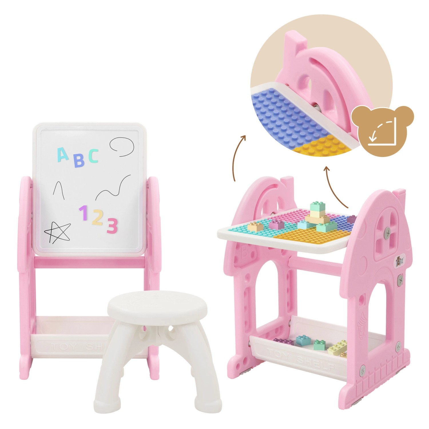 Joyz 2in1 Spieltisch mit Tafel, Hocker, rosa-weiß, für Kinder zum Malen und Bauen.