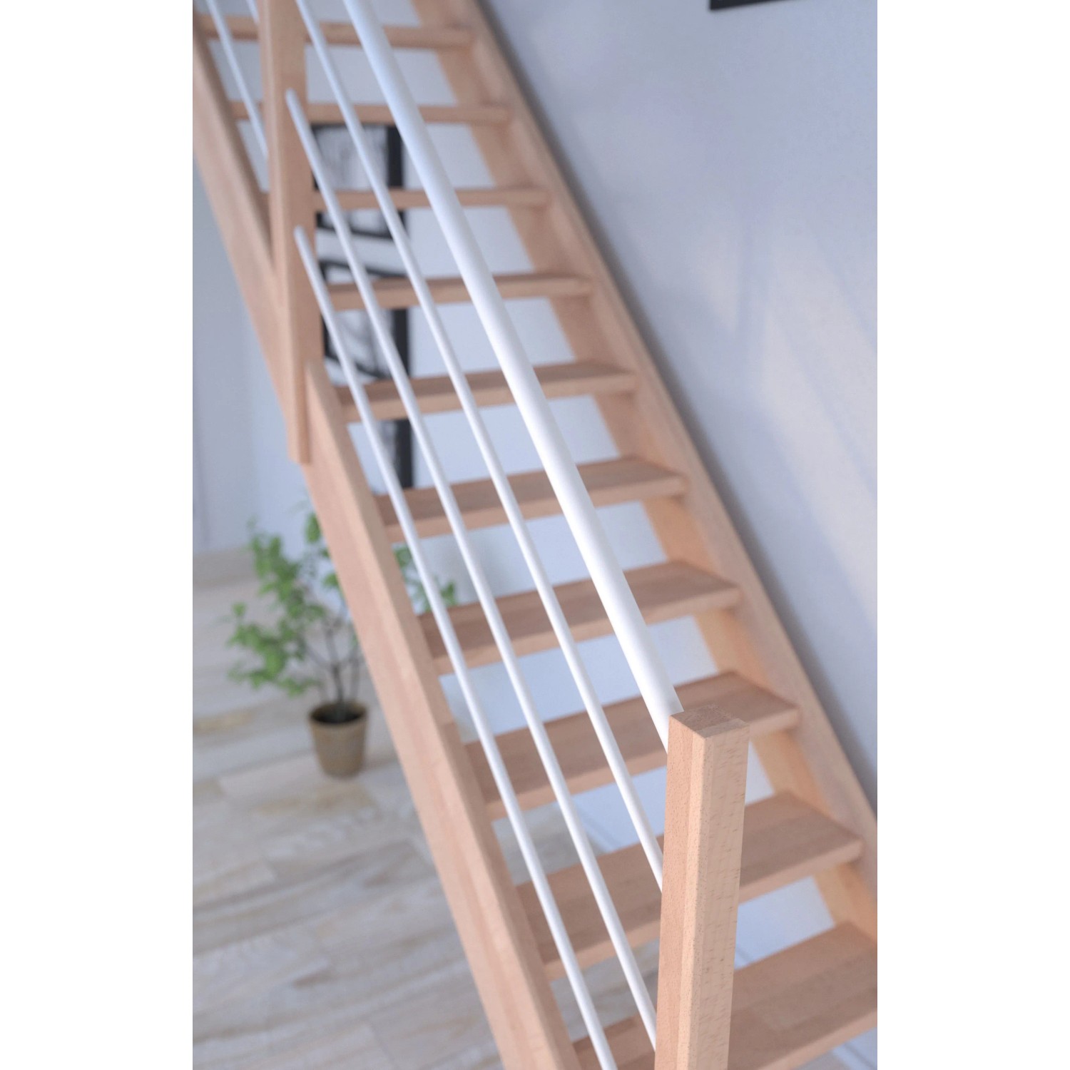 Helle Holztreppe Mykonos Pro mit weißem Edelstahlgeländer, Buche, 90 cm breit.