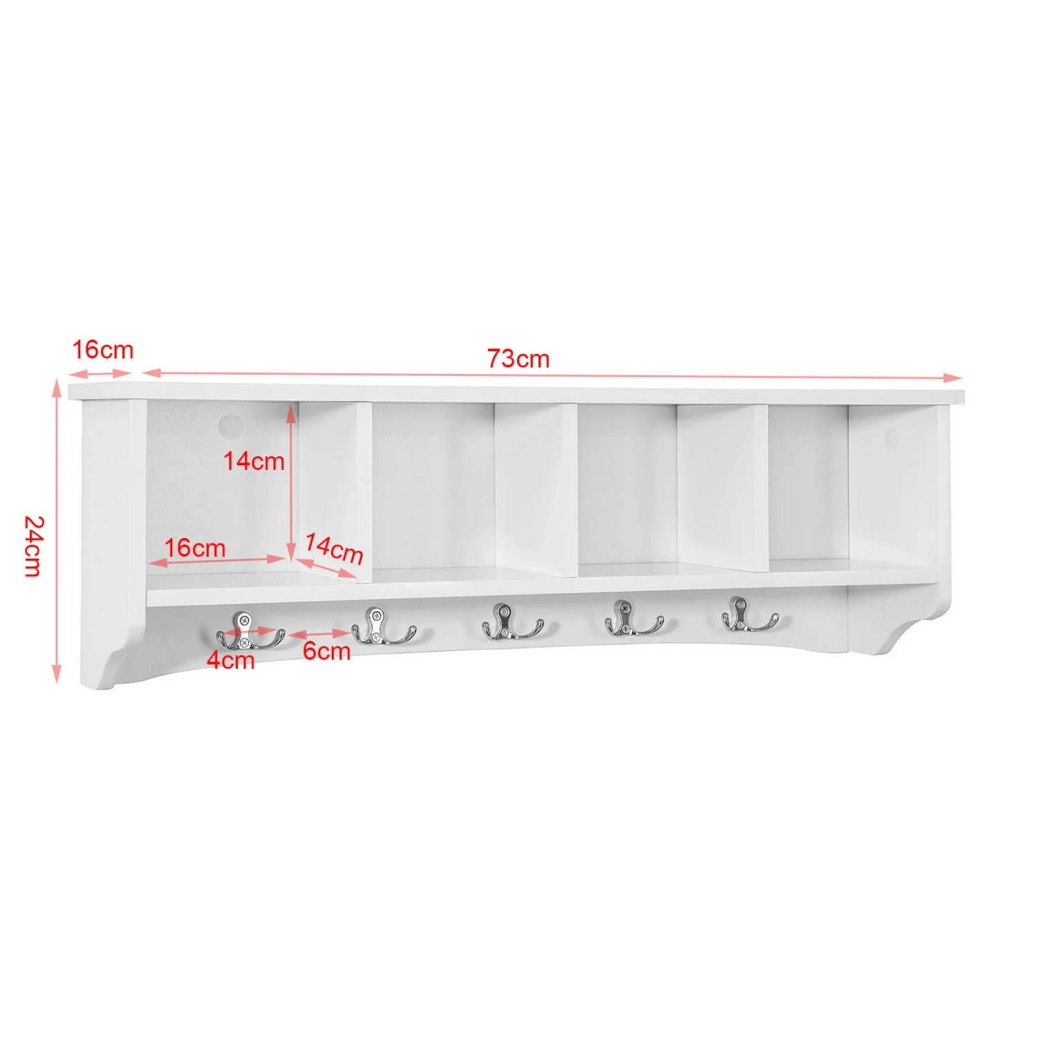 Weiße SoBuy Wandgarderobe FRG48-L-W mit 5 Haken und 4 Fächern aus Holzwerkstoff.