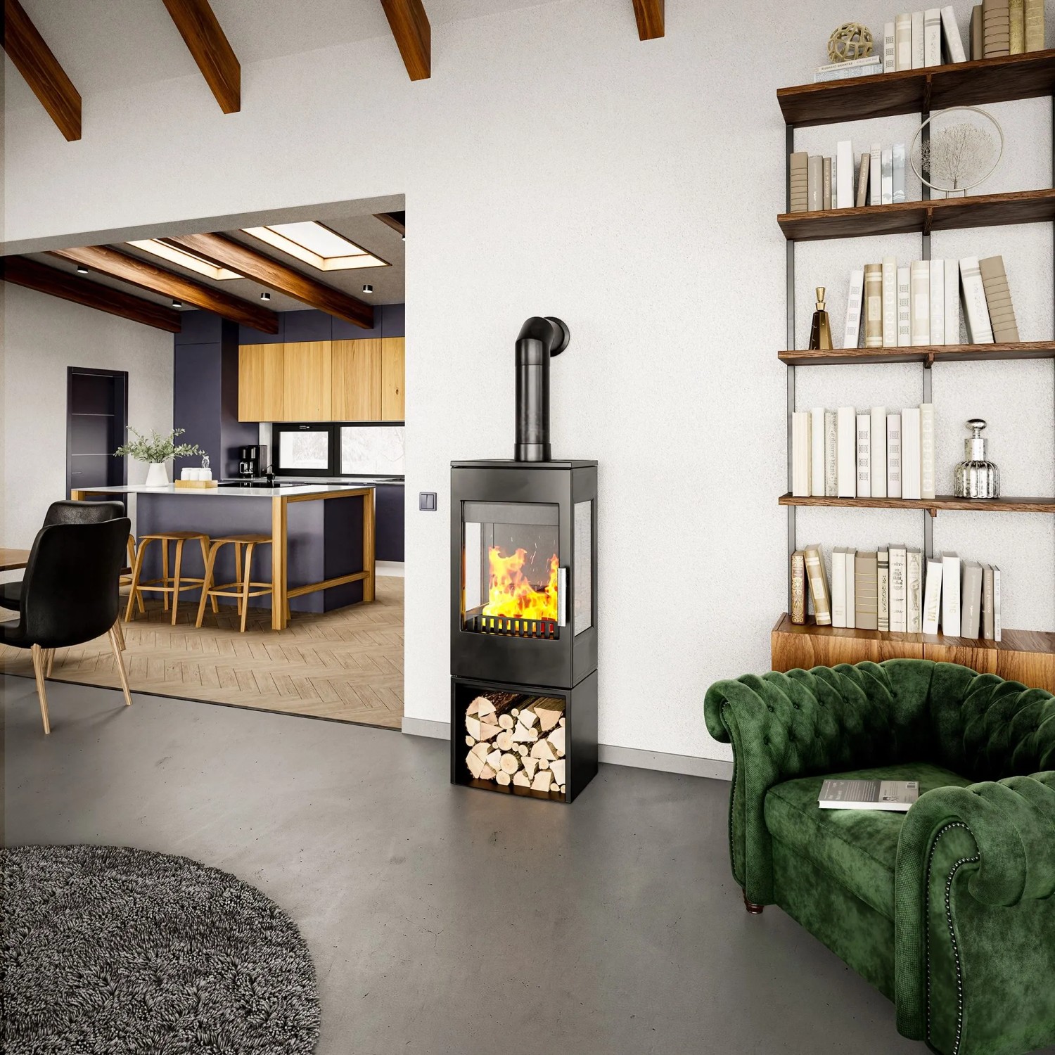 Schwarzer Haas+Sohn Kaminofen mit Holzscheiten im Wohnraum. Der Kaminofen hat 6 kW Leistung und Automatik.