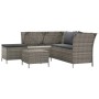 Graues 4-tlg. vidaXL Garten Lounge Set aus Rattan mit Kissen, inklusive Ecksofa, Hocker und Tisch.