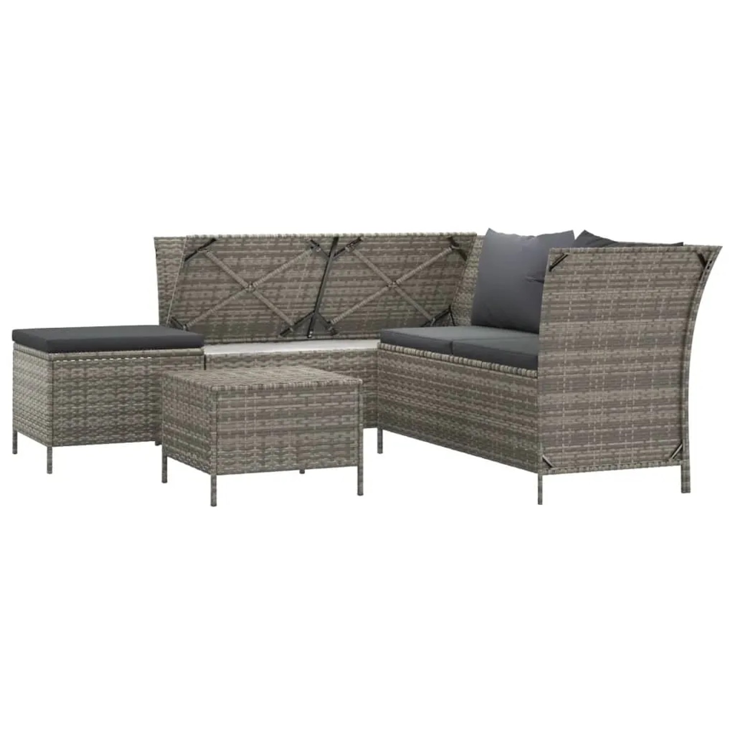 Graues 4-tlg. vidaXL Garten Lounge Set aus Rattan mit Kissen, inklusive Ecksofa, Hocker und Tisch.