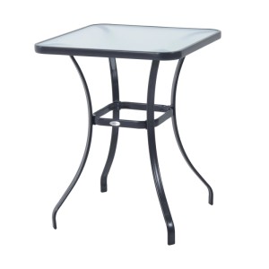 Quadratischer schwarzer Gartentisch aus Metall mit Hartglasplatte. Modernes Design für Balkon und Terrasse.
