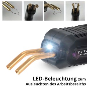 STAHLWERK Kunststoff Reparatur Set: Schwarzer Heißhefter mit goldenen Spitzen, leuchtender LED und Schweißklammern.