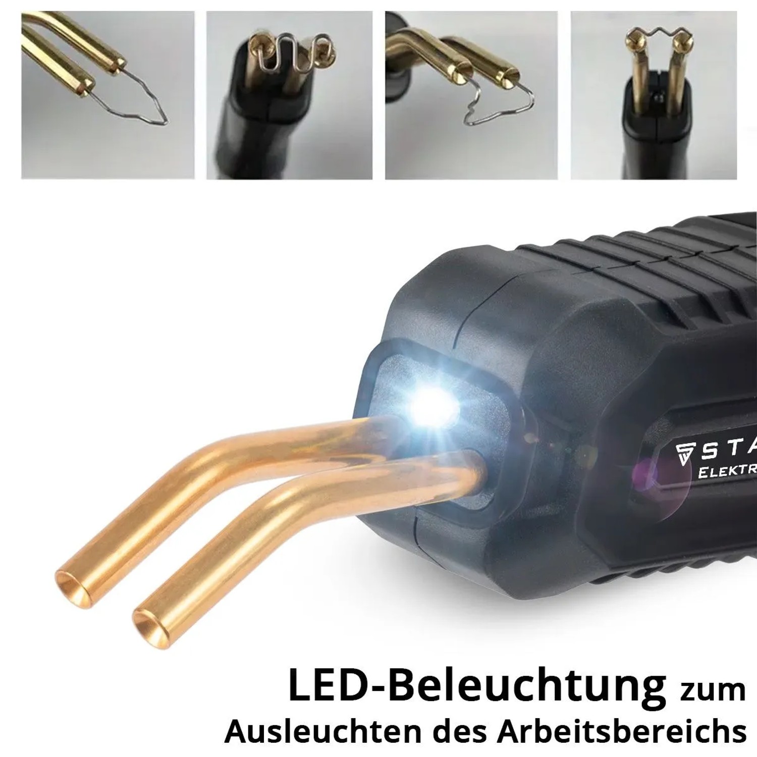 STAHLWERK Kunststoff Reparatur Set: Schwarzer Heißhefter mit goldenen Spitzen, leuchtender LED und Schweißklammern.