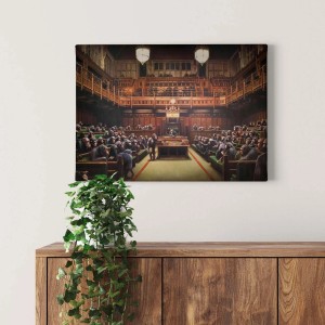 Wandbild: Parlament mit Schimpansen, modernes Leinwandbild für Wohnzimmer.