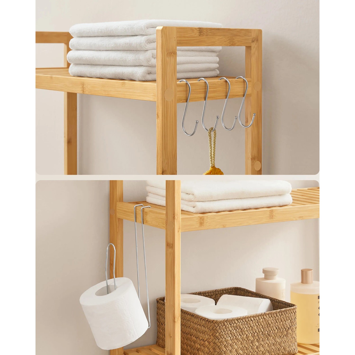Vasagle Toilettenregal aus Bambus mit Handtüchern, Toilettenpapier und Badutensilien.