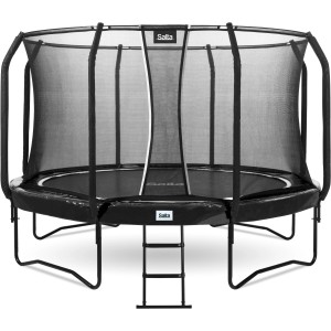 Schwarzes Salta Trampolin First Class (ø 251 cm) mit Sicherheitsnetz und Leiter.