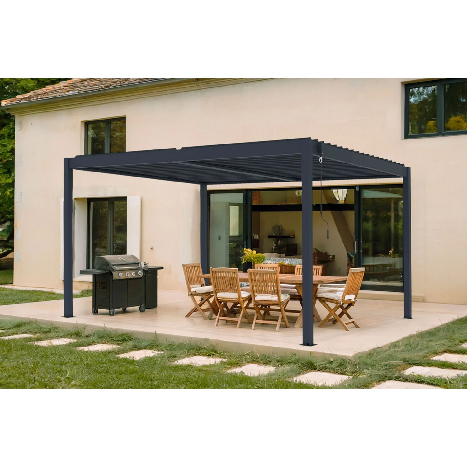 Freistehende, graue Cazeboo Piana Bioklimatische Pergola 4x3m aus Aluminium mit Lamellendach.