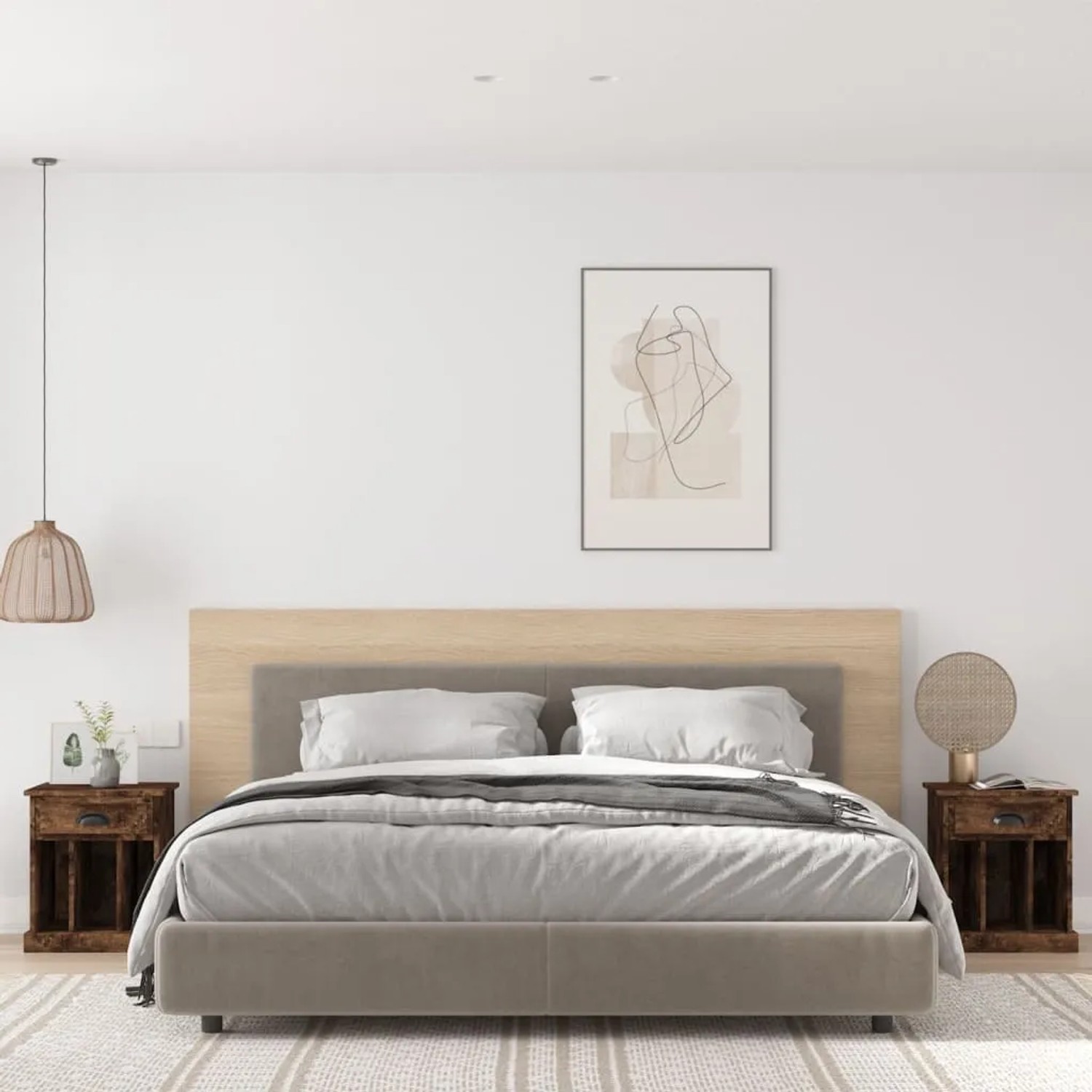 vidaXL Nachttische (2 Stk.) in Räuchereiche, 43x36x50 cm, im Schlafzimmer.
