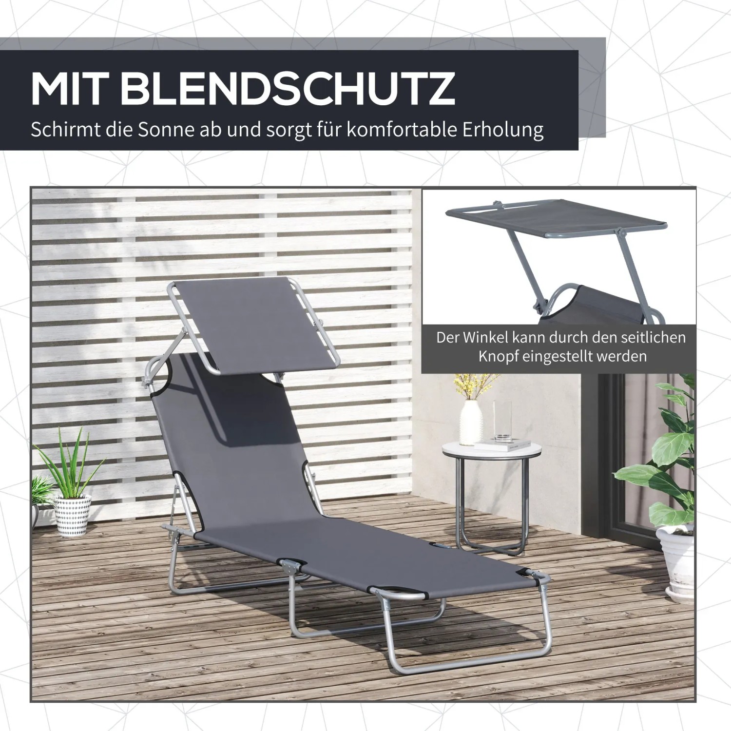 Graue Outsunny Sonnenliege mit Sonnendach, klappbar und bis 120 kg belastbar.