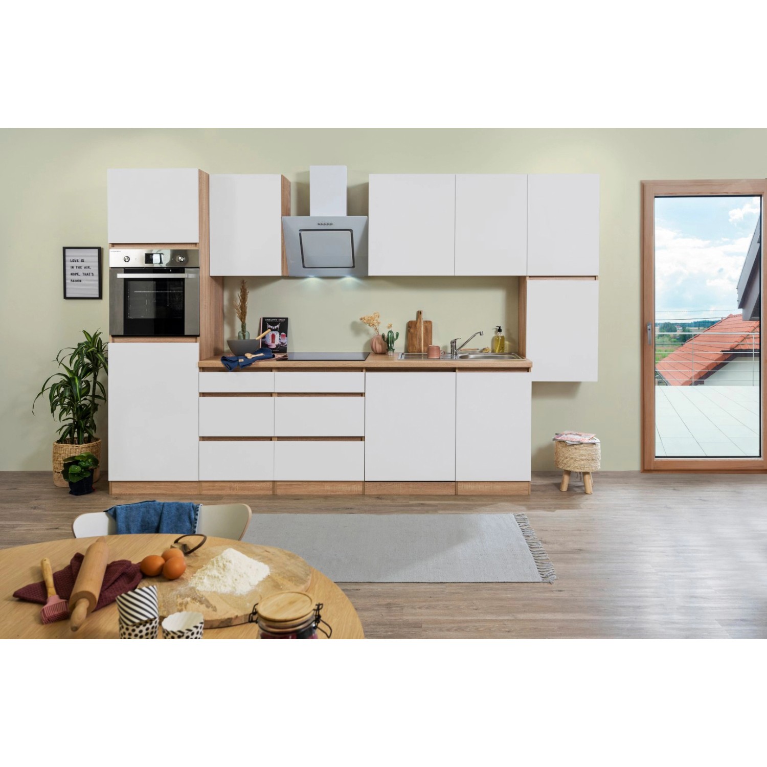 Respekta Küchenzeile/Küchenblock ohne E-Geräte 330 cm Grifflos Weiß Matt-Eiche Sägerau