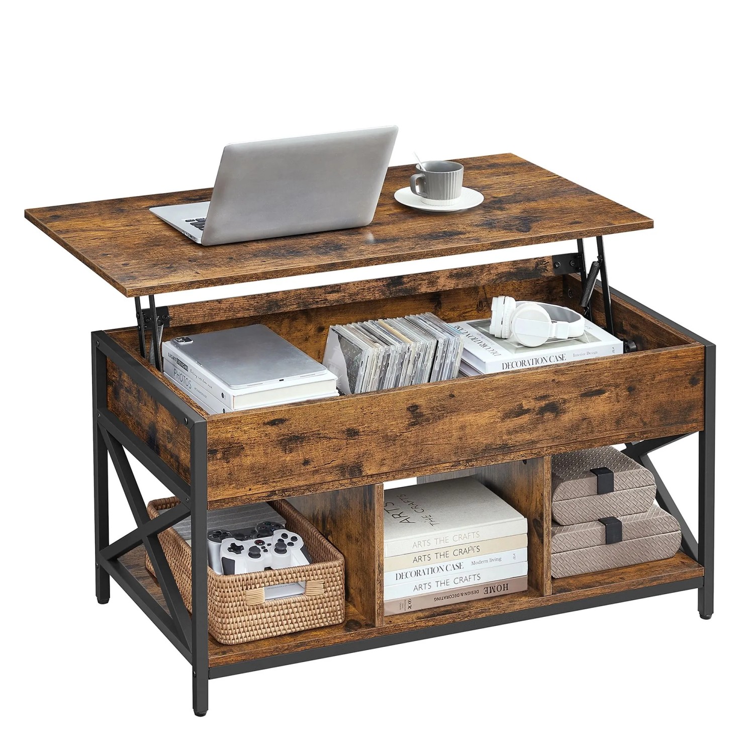 Höhenverstellbarer, brauner Vasagle Couchtisch (100x50x62cm) mit Stauraum und Laptop auf der Tischplatte.