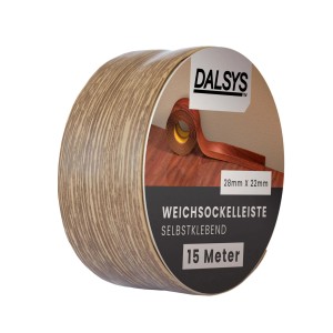 Dalsys Weichsockelleiste, selbstklebend, 15m, dunkle Eiche. Flexible Fußbodenleiste für saubere Abschlüsse.