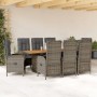 Graue 9-tlg. vidaXL Garten-Essgruppe mit Polyrattan-Stühlen und Akazientisch mit grauen Kissen.