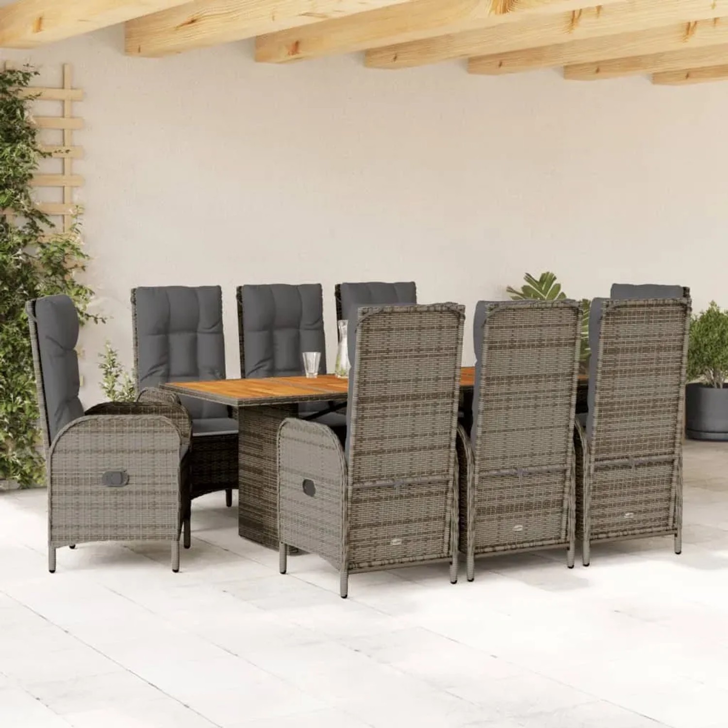 Graue 9-tlg. vidaXL Garten-Essgruppe mit Polyrattan-Stühlen und Akazientisch mit grauen Kissen.