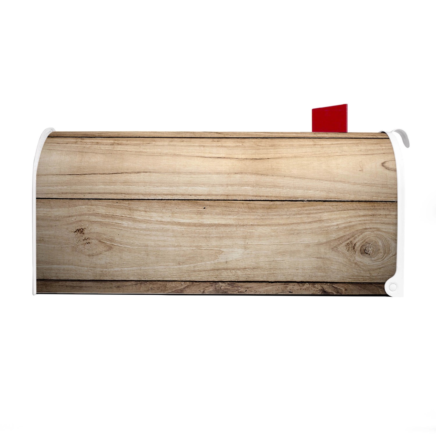 Weißer US Briefkasten mit Holzplanken Motiv, Stahl pulverbeschichtet, rote Fahne.