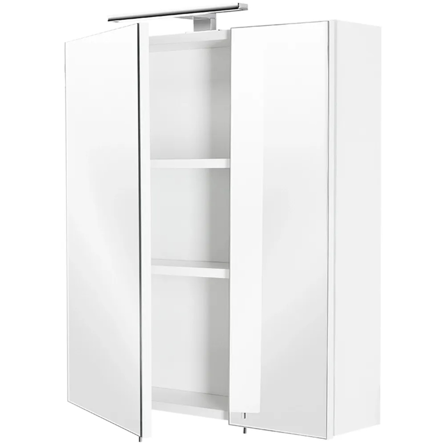 Posseik Spiegelschrank, 60 cm, weiß, mit offenen Softclose-Türen und Aufsatzleuchte.