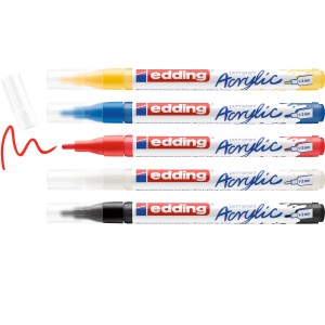 edding Acrylmarker 5300, 5er-Set mit Acrylfarben in Schwarz, Rot, Blau, Gelb und Weiß.