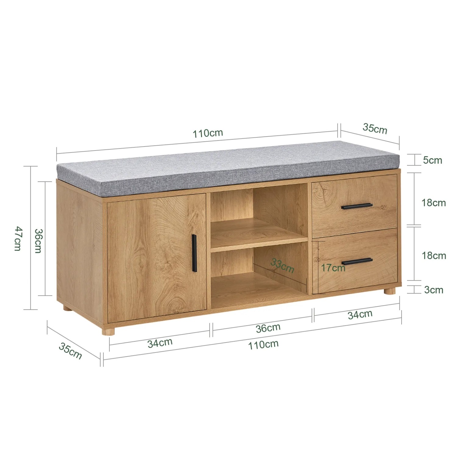 SoBuy Schuhbank FSR148-N mit Schubladen und Fächern, Naturholzoptik, mit grauem Sitzkissen.